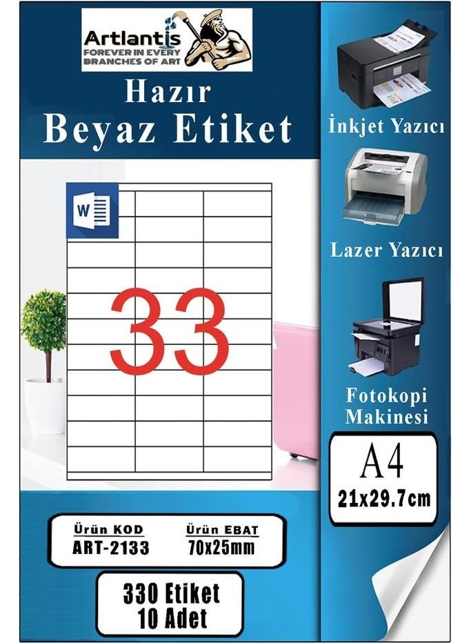 Artlantis A4 Ready Label 70X25 mm 10 Pages 1 Pack 33 Self-Adhesive Photocopy Laser Inkjet Paper Compatible for Printers  - Image 1