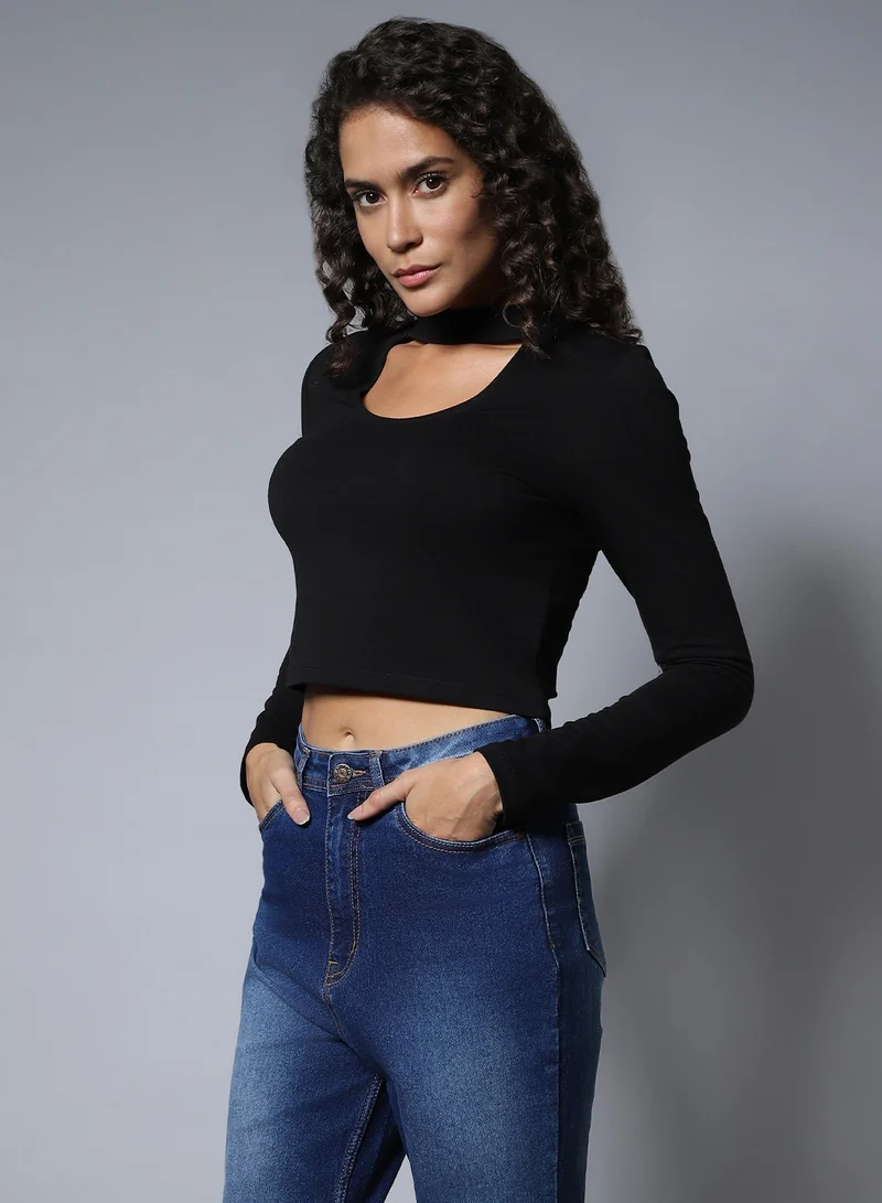 HIGH STAR Black Choker Neck Full Sleeves Crop Top for Women, Cotton