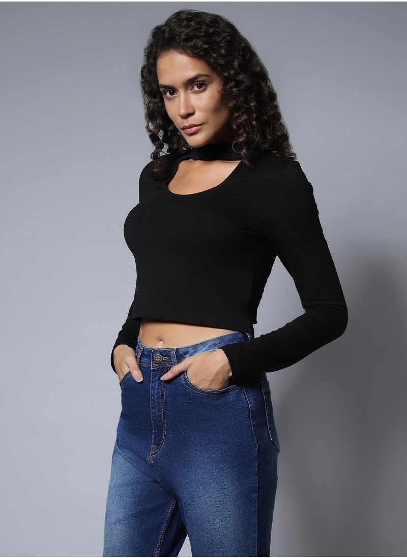 HIGH STAR Black Choker Neck Full Sleeves Crop Top for Women, Cotton  - Image 3