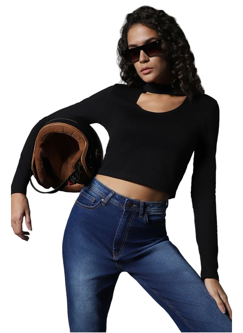 HIGH STAR Black Choker Neck Full Sleeves Crop Top for Women, Cotton