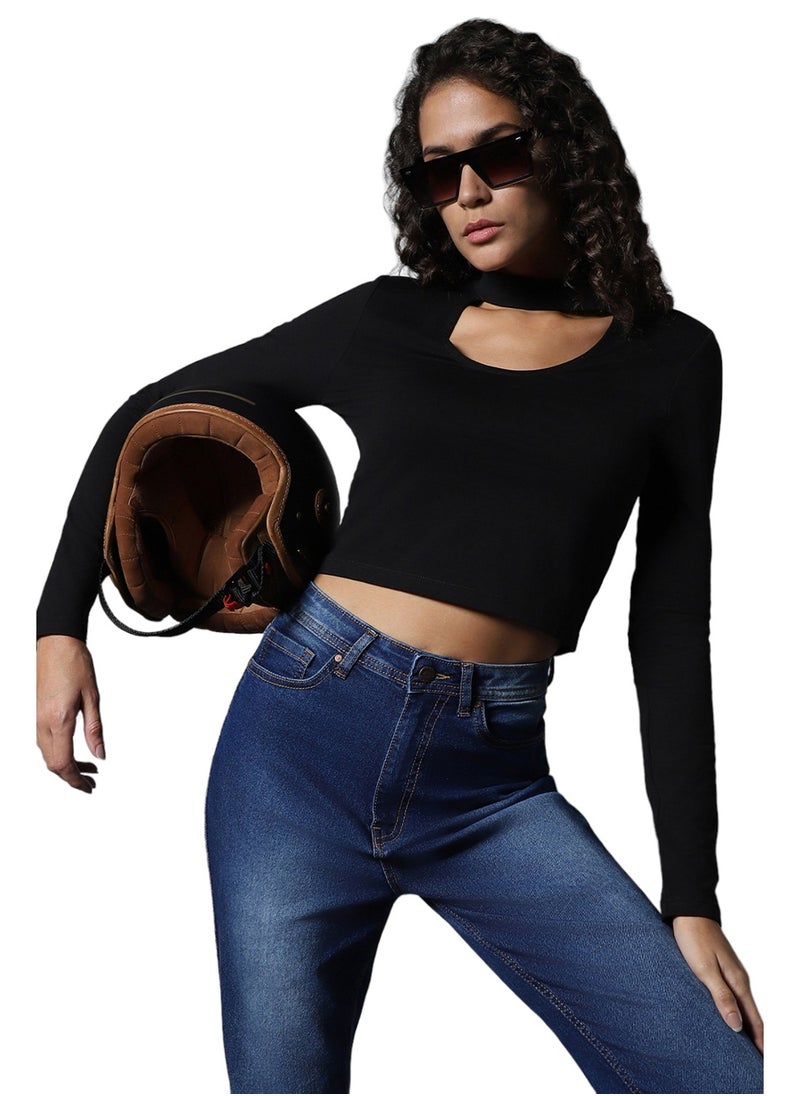 HIGH STAR Black Choker Neck Full Sleeves Crop Top for Women, Cotton  - Image 2