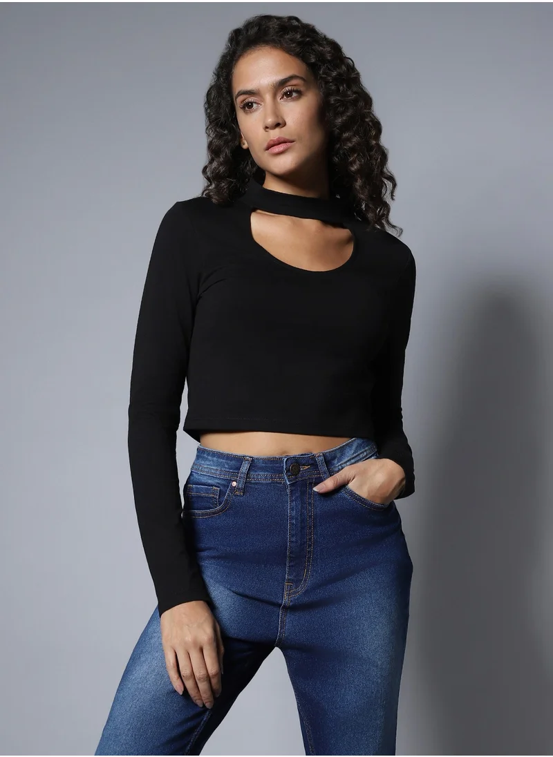 HIGH STAR Black Choker Neck Full Sleeves Crop Top for Women, Cotton