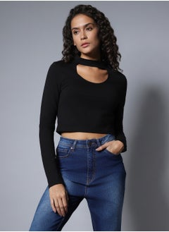 HIGH STAR Black Choker Neck Full Sleeves Crop Top for Women, Cotton  - Image 1
