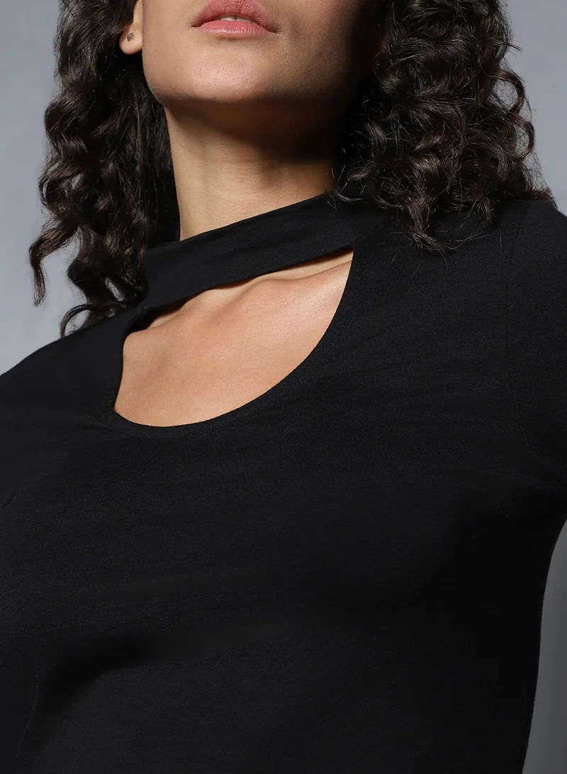 HIGH STAR Black Choker Neck Full Sleeves Crop Top for Women, Cotton