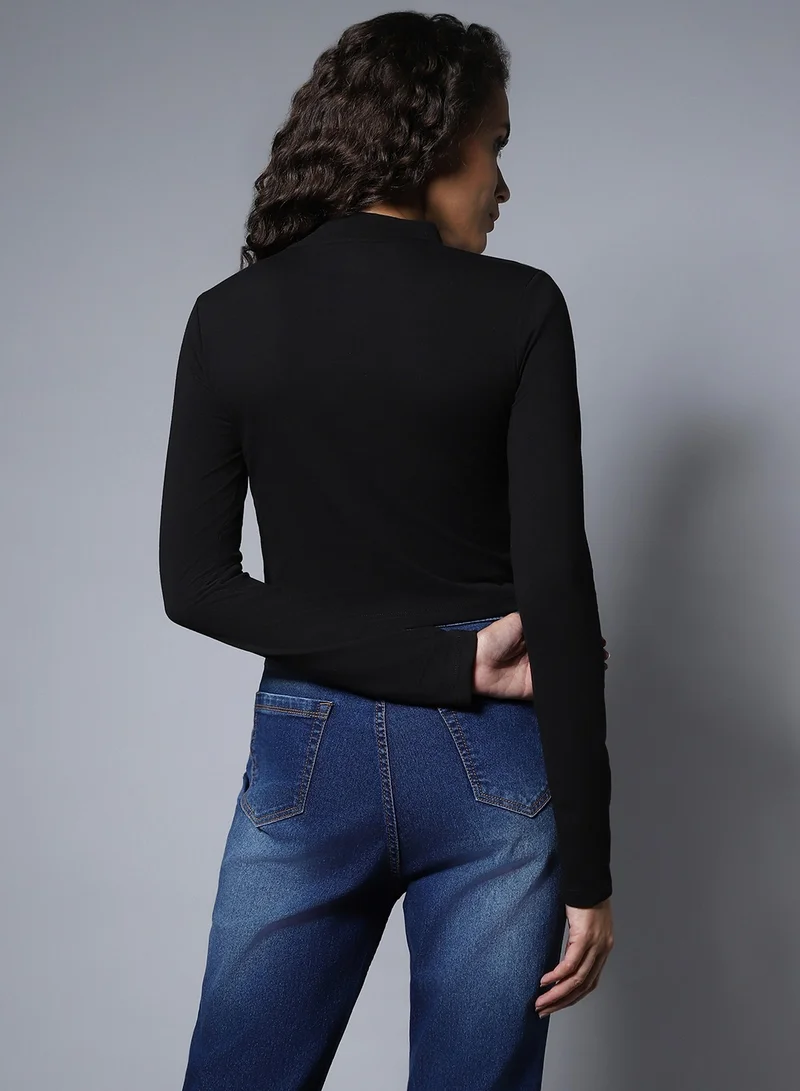 HIGH STAR Black Choker Neck Full Sleeves Crop Top for Women, Cotton