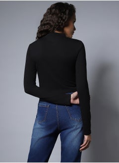 HIGH STAR Black Choker Neck Full Sleeves Crop Top for Women, Cotton  - Image 5