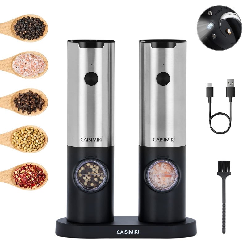 CAISIMIKI Electric Salt and Pepper Grinder Set Rechargeable Automatic Pepper Mill Grinder Stainless Steel Kitchen Gadgets Adjustable Coarseness Shakers One Hand Operation 2 Pack