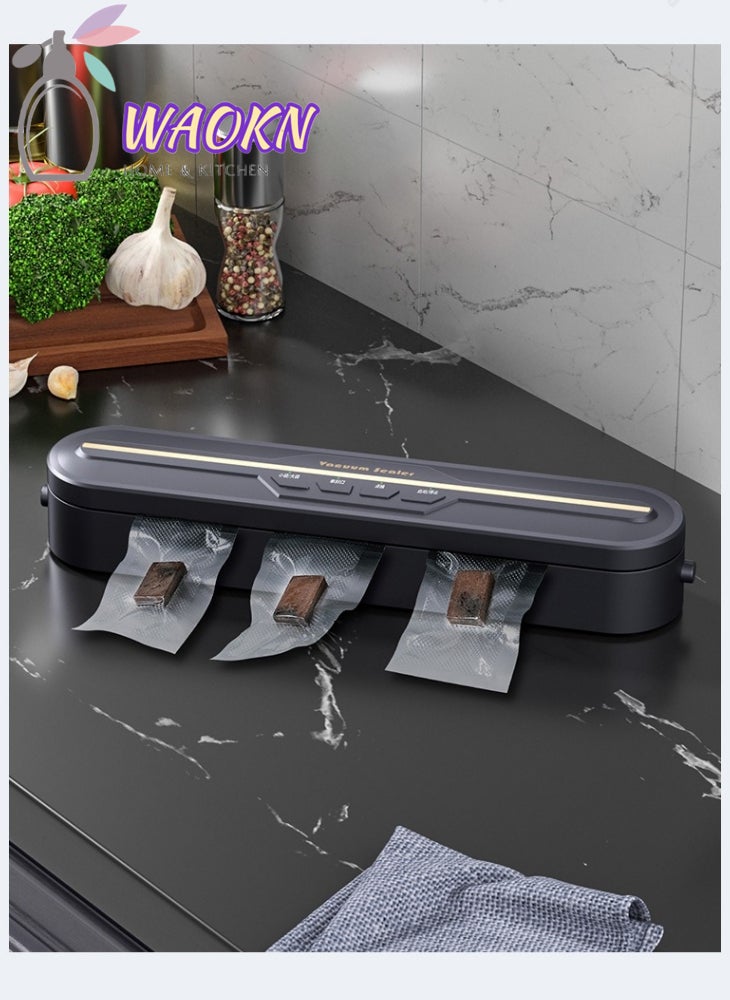 دبليو أيه أو كي أن جهاز تفريغ الهواء الأوتوماتيكي لنظام إغلاق الهواء لتخزين الطعام، أوضاع الطعام الجافة والرطبة، ماكينة تعبئة وتغليف فيلم تفريغ الهواء الكهربائية الأوتوماتيكية، تتضمن 10 أكياس جيب محمولة للمطبخ المنزلي - Image 1