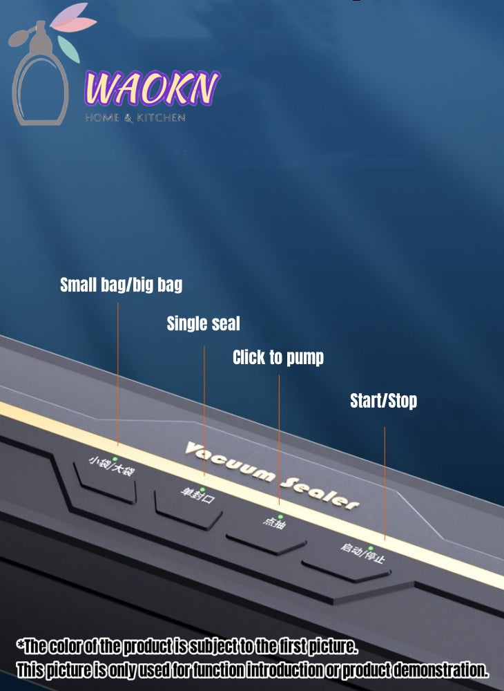 دبليو أيه أو كي أن جهاز تفريغ الهواء الأوتوماتيكي لنظام إغلاق الهواء لتخزين الطعام، أوضاع الطعام الجافة والرطبة، ماكينة تعبئة وتغليف فيلم تفريغ الهواء الكهربائية الأوتوماتيكية، تتضمن 10 أكياس جيب محمولة للمطبخ المنزلي - Image 5