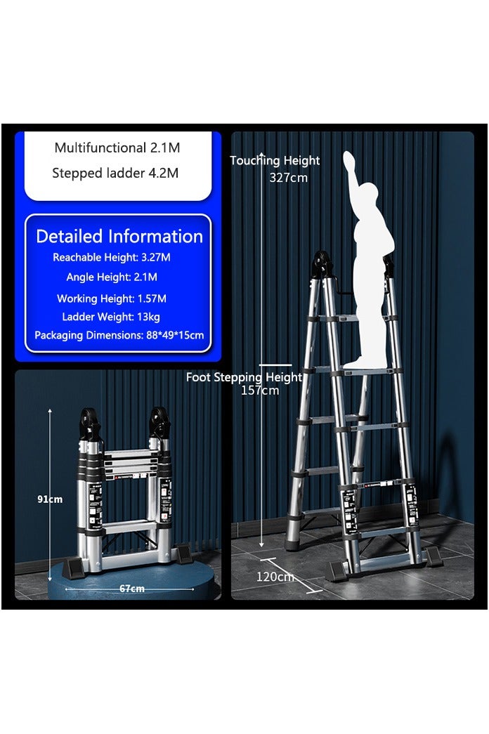OASIS DESERT The Multi-Functional Stainless Steel Telescopic Ladder Is Foldable And Comes With A Portable And Compact Anti-Slip Device. It Is Suitable For Indoor Or Outdoor Use (2.1m + 2.1m = 4.2m) - Image 2