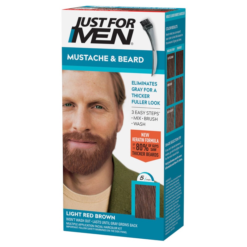 Just For Men Mustache & Beard, Beard Dye for Men with Brush, With Keratin Biotin Aloe and Coconut Oil for Healthy Facial Hair - Light Red Brown, M-27, Pack of 1 (Packaging May Vary) - Image 1
