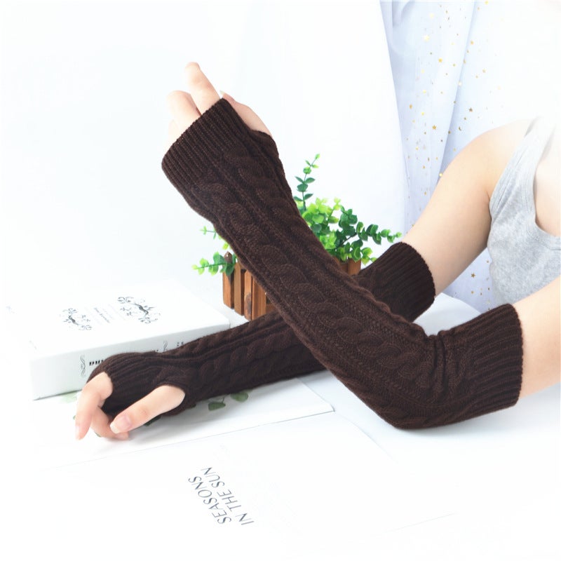 Winter Knit Fingerless Arm Warmers Women Coffee 