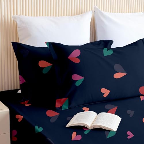 SLEEPINO - All Around Cotton Fitted Bedsheet Queen Size 60x78 Inches | 100% Cotton Queen Size Elastic Bedsheet with 2 Pillow Covers |Navy Blue Heart - Image 3