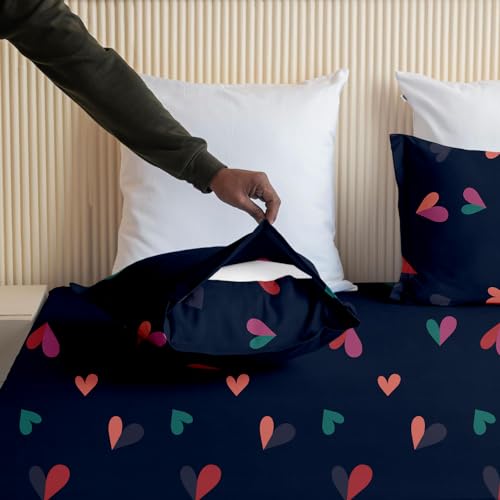 SLEEPINO - All Around Cotton Fitted Bedsheet Queen Size 60x78 Inches | 100% Cotton Queen Size Elastic Bedsheet with 2 Pillow Covers |Navy Blue Heart - Image 4