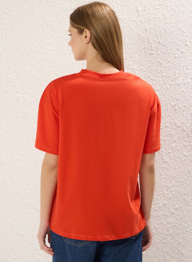 trendyol Red 100% Cotton Embroidered Oversize/Wide Pattern Crew Neck Knitted T-Shirt - Image 4