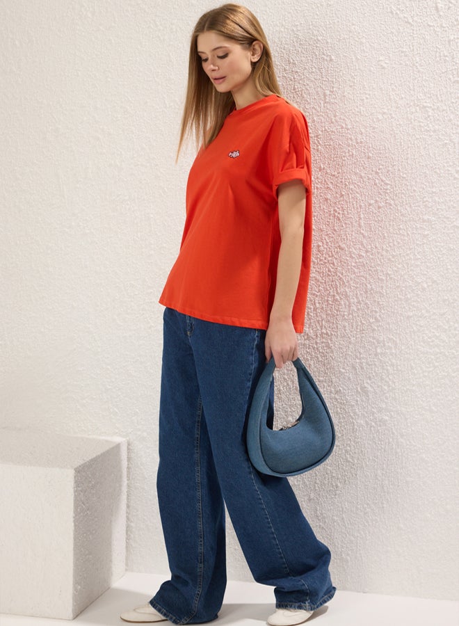 trendyol Red 100% Cotton Embroidered Oversize/Wide Pattern Crew Neck Knitted T-Shirt - Image 2