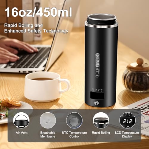 JEKABA Travel Kettle Small Tea Kettle Coffee Mini Portable Electric Kettle with 4 Temperature Settings, Plug in 304 Stainless Steel Mini Travel Electric Kettle with Auto Shut-off(Black) - Image 5