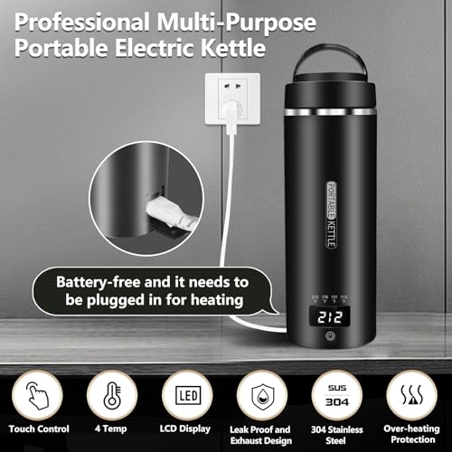 JEKABA Travel Kettle Small Tea Kettle Coffee Mini Portable Electric Kettle with 4 Temperature Settings, Plug in 304 Stainless Steel Mini Travel Electric Kettle with Auto Shut-off(Black) - Image 2