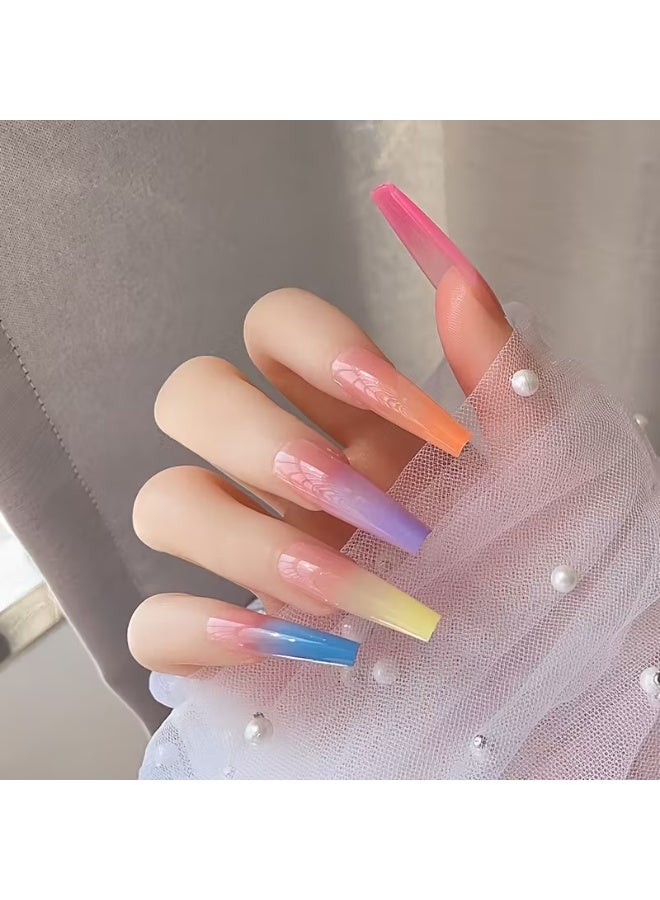 Goolsky 24 pcs Rainbow Gradient Coffin Long Press On Nails - Glossy Acrylic Ballerina False Nails for Women and Girls - Image 4