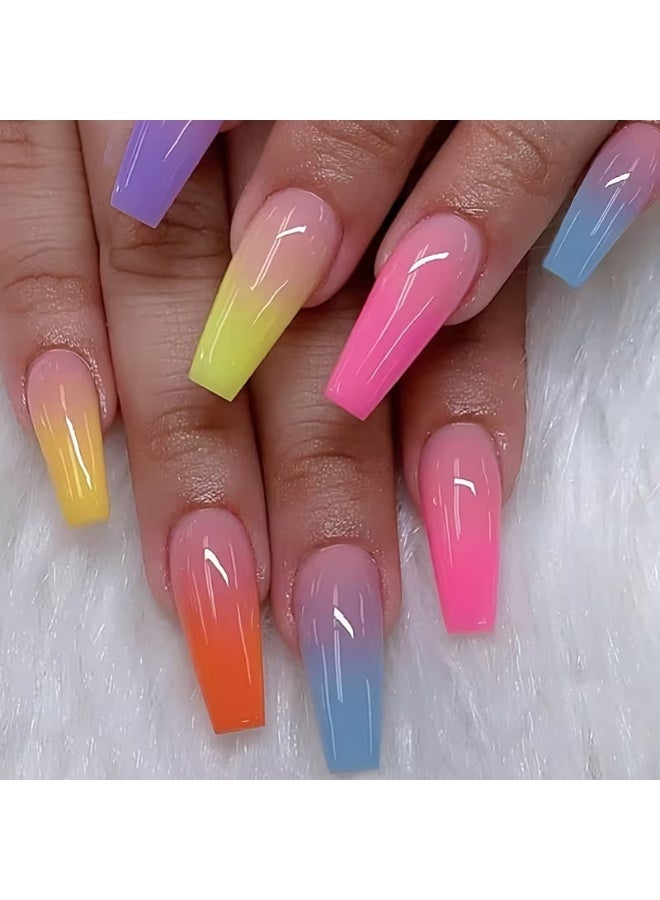 Goolsky 24 pcs Rainbow Gradient Coffin Long Press On Nails - Glossy Acrylic Ballerina False Nails for Women and Girls - Image 1