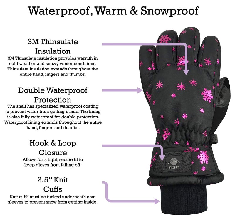 N'Ice Caps Kids Waterproof Winter Thinsulate Warm Gloves (Black Snowflakes, 7-8 Years) - Image 4