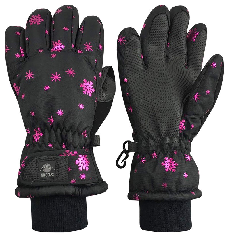 N'Ice Caps Kids Waterproof Winter Thinsulate Warm Gloves (Black Snowflakes, 7-8 Years) - Image 1
