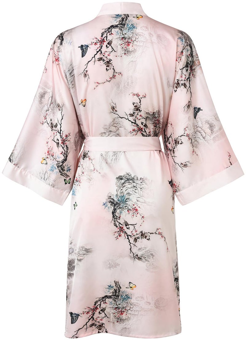Ledamon Women's Kimono Short Robe for Women - Pocket Floral Bathrobe Nightgown (Light Pink) - Image 2