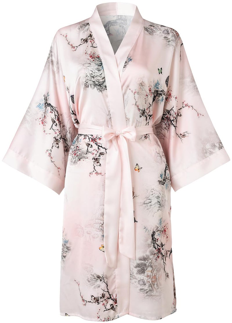 Ledamon Women's Kimono Short Robe for Women - Pocket Floral Bathrobe Nightgown (Light Pink) - Image 1