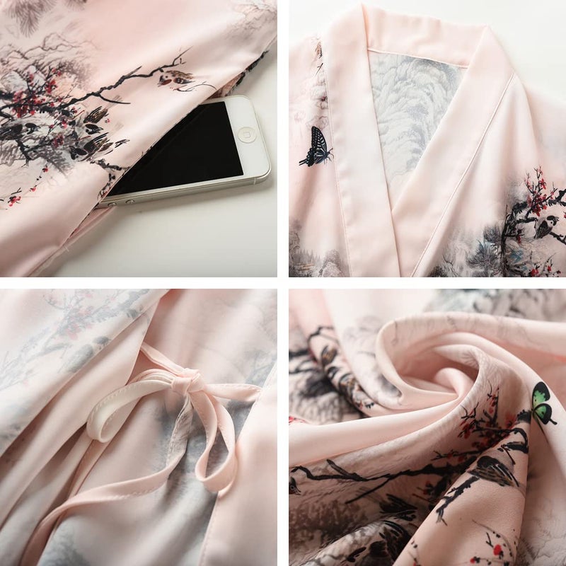 Ledamon Women's Kimono Short Robe for Women - Pocket Floral Bathrobe Nightgown (Light Pink) - Image 3