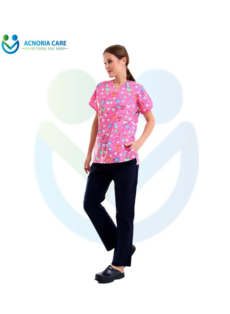 ACNORIA CARE Women's Printed Medical Scrubs Consisting Of Two Pieces Blouse And Pants 65% Polyester, 35% Cotton Pink Color - Size M - From Acnoria Care  - Image 1