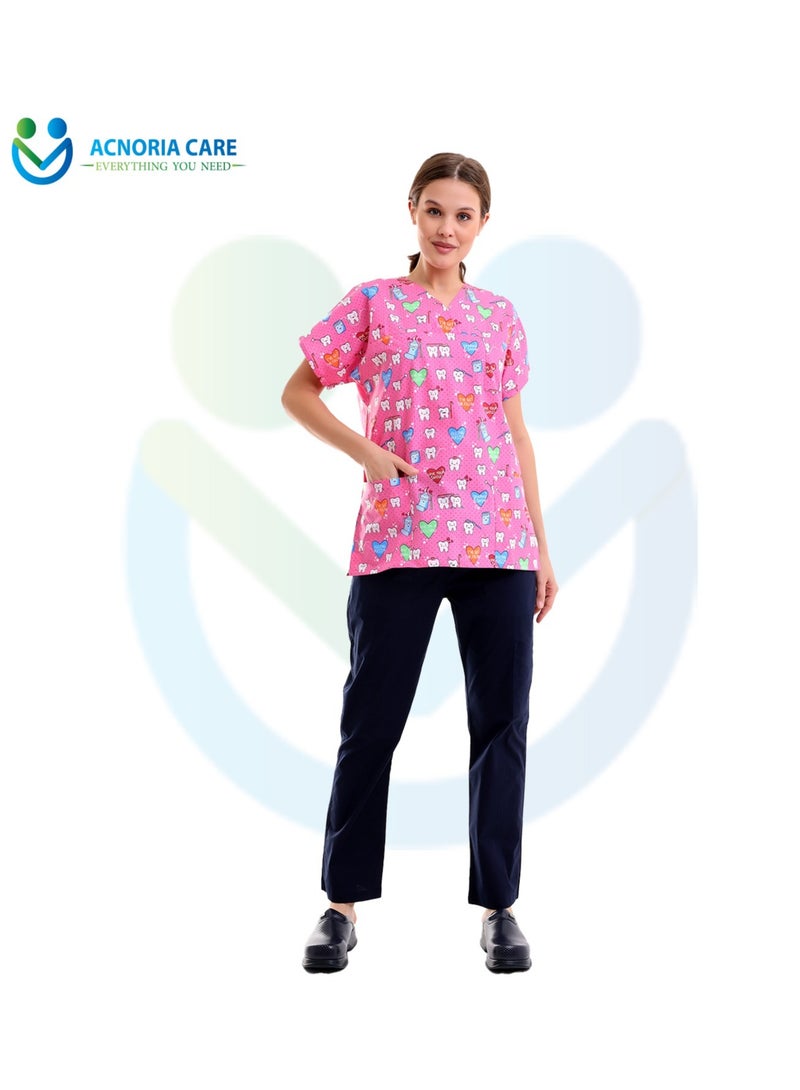 ACNORIA CARE Women's Printed Medical Scrubs Consisting Of Two Pieces Blouse And Pants 65% Polyester, 35% Cotton Pink Color - Size M - From Acnoria Care  - Image 2