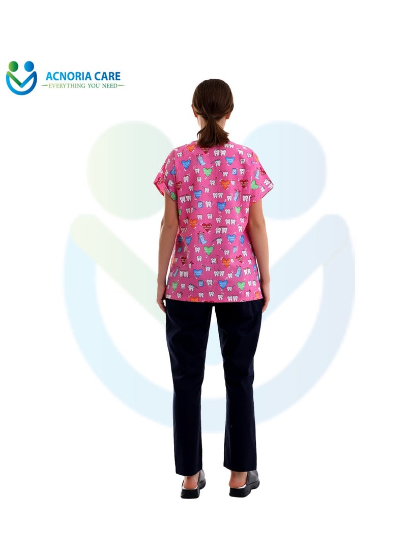 ACNORIA CARE Women's Printed Medical Scrubs Consisting Of Two Pieces Blouse And Pants 65% Polyester, 35% Cotton Pink Color - Size M - From Acnoria Care  - Image 4