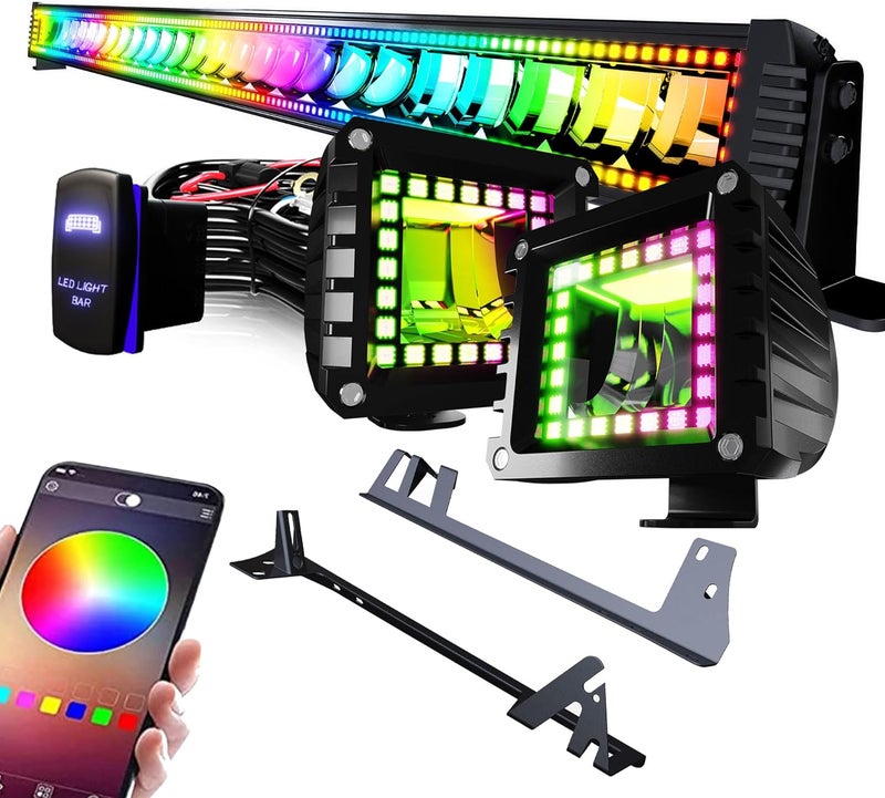FEELON 52" RGB LED Light Bar with 2x 4" Flood RGB LED Pods and Mounting Brackets for Wrangler JK 2007-2018 - Image 1