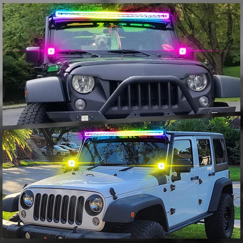 FEELON 52" RGB LED Light Bar with 2x 4" Flood RGB LED Pods and Mounting Brackets for Wrangler JK 2007-2018 - Image 2