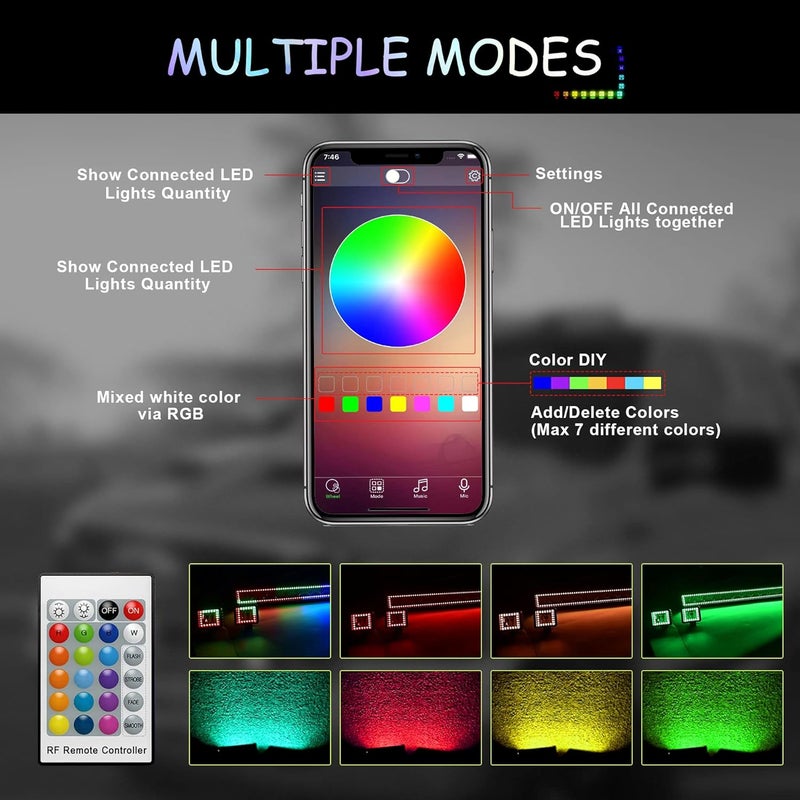 FEELON 52" RGB LED Light Bar with 2x 4" Flood RGB LED Pods and Mounting Brackets for Wrangler JK 2007-2018 - Image 4