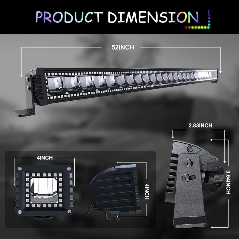 FEELON 52" RGB LED Light Bar with 2x 4" Flood RGB LED Pods and Mounting Brackets for Wrangler JK 2007-2018 - Image 3
