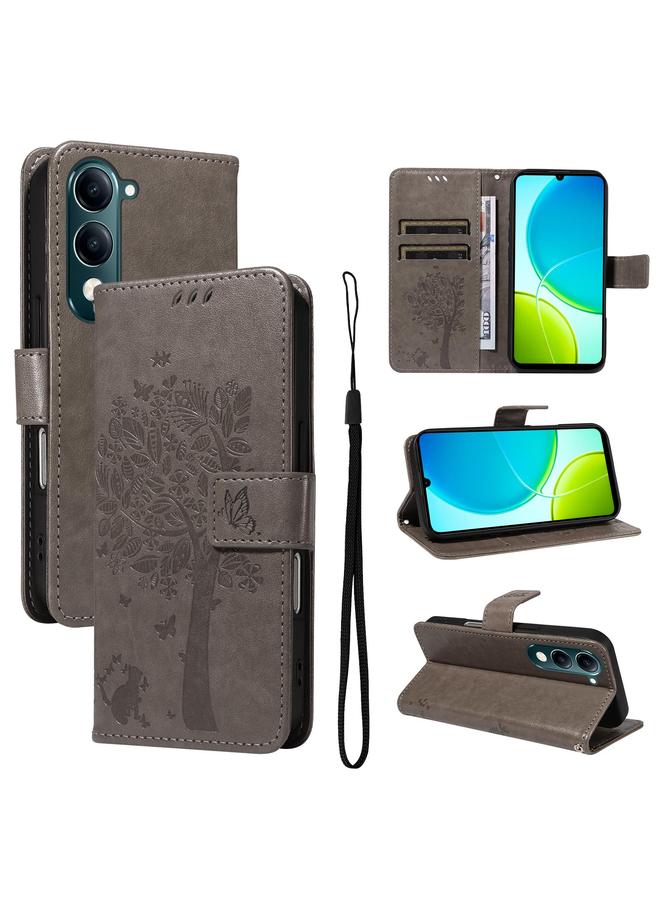 erorex Case For vivo Y29S 5G / Y04 Tree & Cat Embossed Pattern Flip Leather Phone Case - Image 1