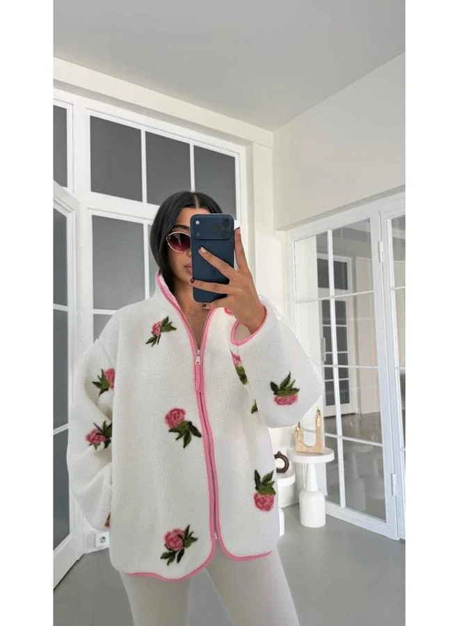 Pink Rose Patterned Zippered Polar Sweatshirt GAUS-01916 GAUS-01926.