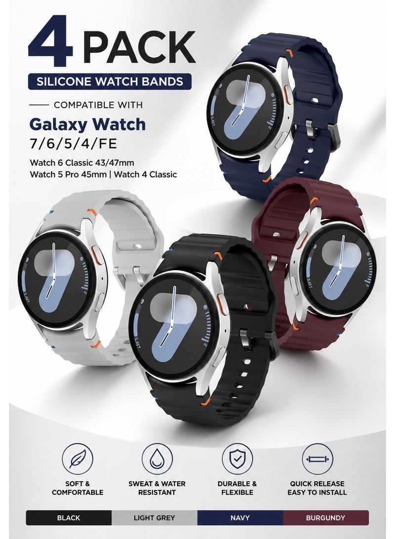 ساراونت مجموعة من 4 أحزمة ساعة سيليكون متوافقة مع ساعة Galaxy Watch 7 6 5 4 FE والموديلات الكلاسيكية، حزام رياضي ناعم 20 مم للرجال والنساء، أسود رمادي أزرق أحمر - Image 1