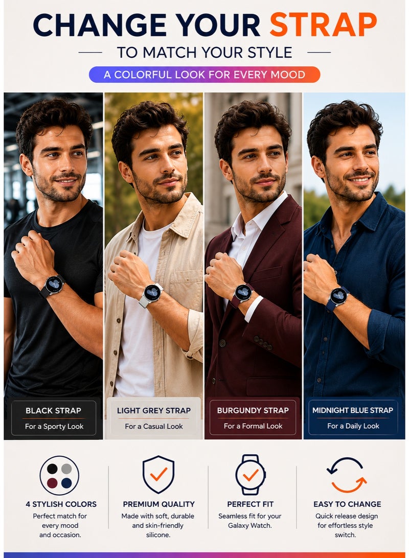 ساراونت مجموعة من 4 أحزمة ساعة سيليكون متوافقة مع ساعة Galaxy Watch 7 6 5 4 FE والموديلات الكلاسيكية، حزام رياضي ناعم 20 مم للرجال والنساء، أسود رمادي أزرق أحمر - Image 4