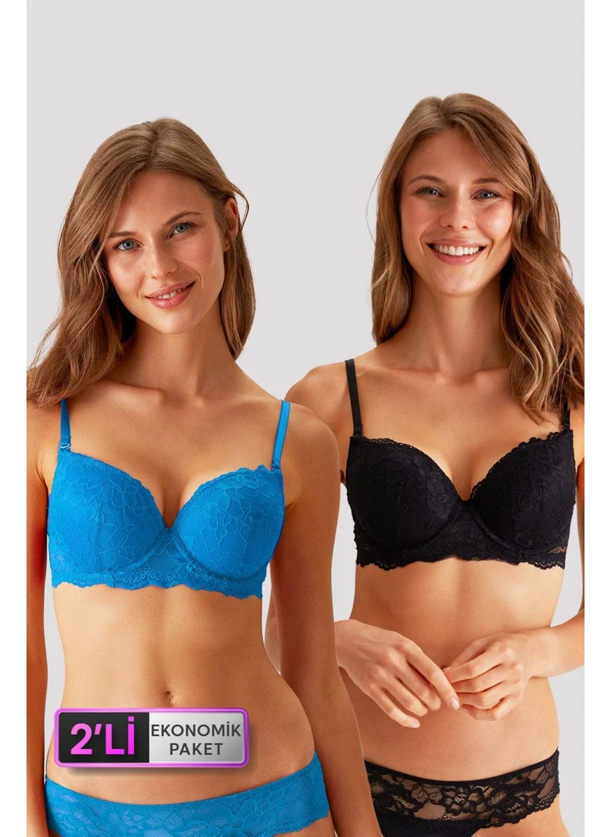 بيير كاردان 6815 2-Piece Economic Package Lyon - Double Push Up Blue - Black Lace Bra Set