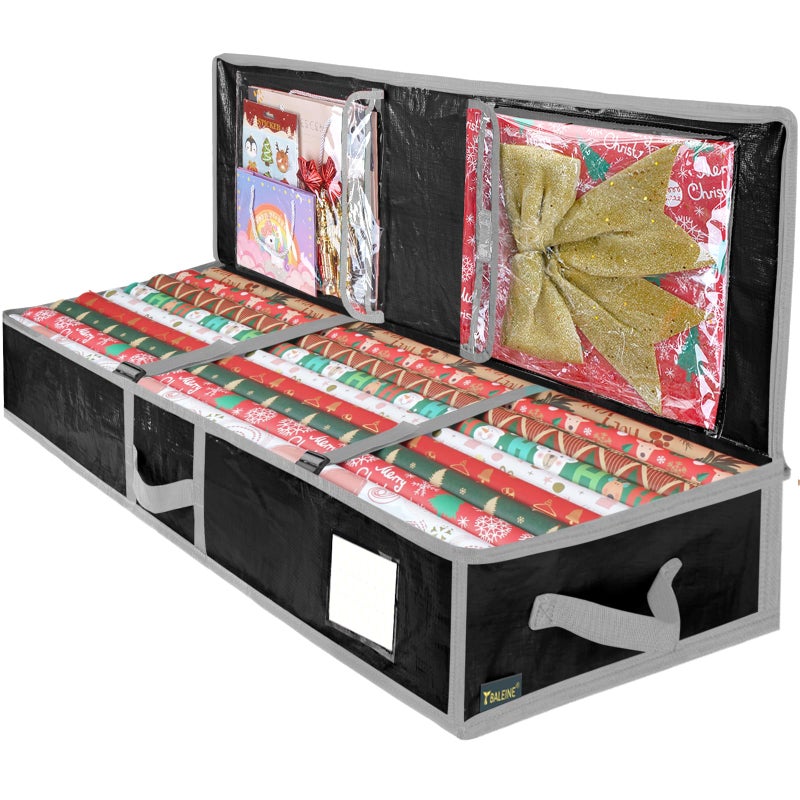 BALEINE SOFT Christmas Wrapping Paper Storage Bag 40 Durable PE Gift Wrap Storage Bag with Flexible Partitions and Pockets for Ribbon Accessories Transparent