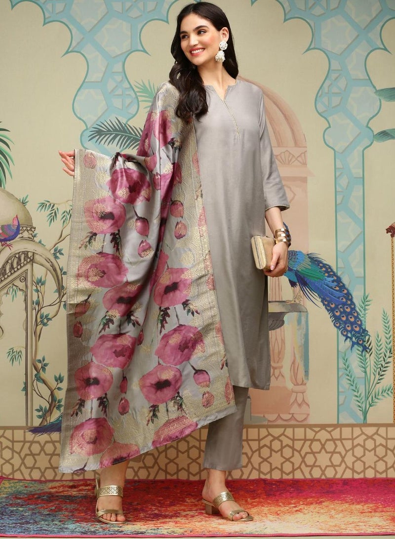 ISHIN Women'S Grey Polyester Blend Self Design Full Length Palazzo Kurta Set - Image 5