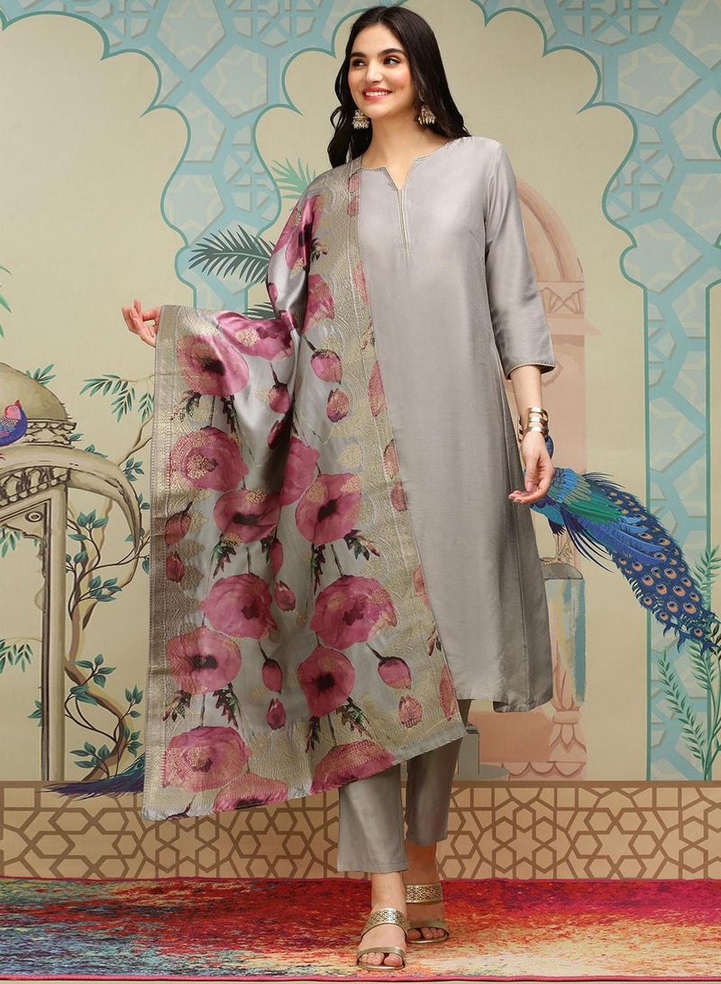 ISHIN Women'S Grey Polyester Blend Self Design Full Length Palazzo Kurta Set - Image 2