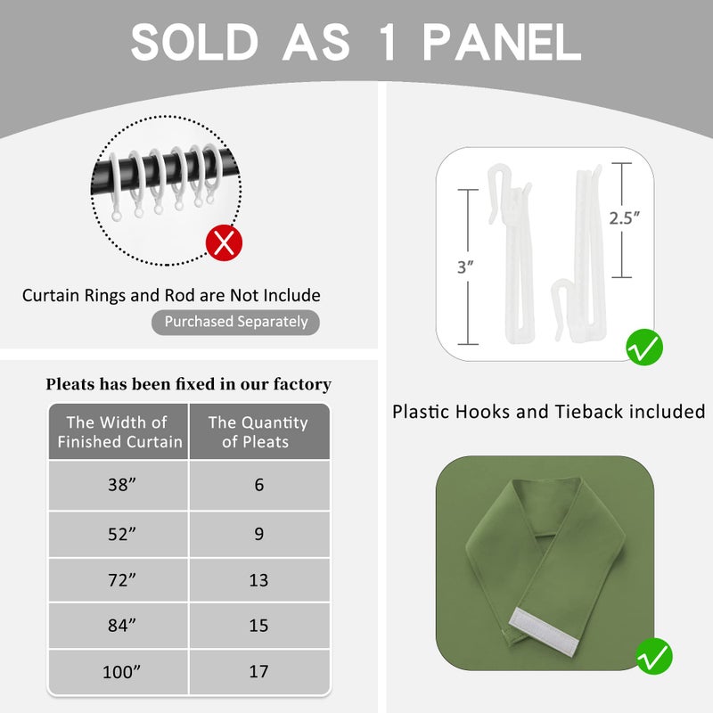 OYRING OYRING Pinch Pleat Curtain with Tieback for Bedroom  Triple Weave 85% Sunblock Pleated Curtain for Traverse Rod and Track  52"" W x 72"" L  Sage Green  1 Panel  - Image 3