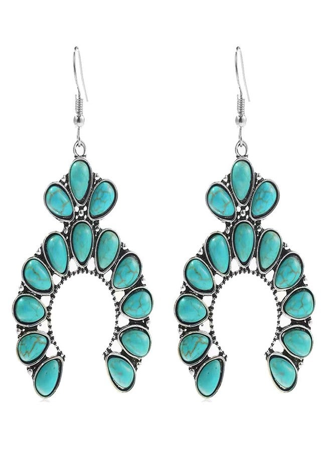Dtja Turquoise Horseshoe Dangle Earrings for Women Girls Silver-Toned Bohemian U Shaped Blue Birthstone Statement Drop Dangling Fish Hook Studs Earring Lightweight Boho Vintage Birthday Holiday Jewelry - Image 1