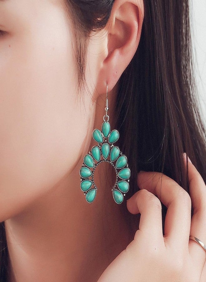 Dtja Turquoise Horseshoe Dangle Earrings for Women Girls Silver-Toned Bohemian U Shaped Blue Birthstone Statement Drop Dangling Fish Hook Studs Earring Lightweight Boho Vintage Birthday Holiday Jewelry - Image 2