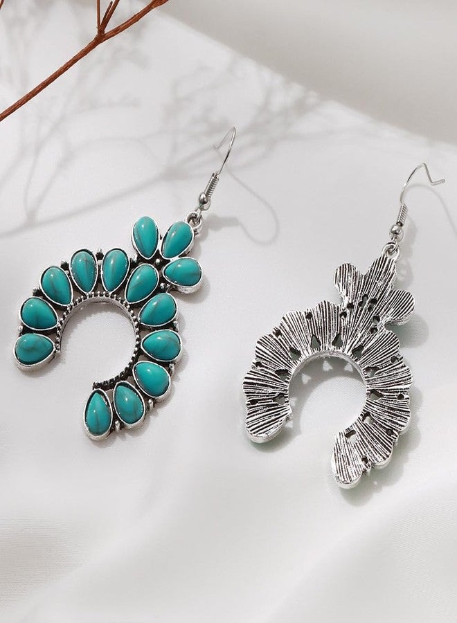 Dtja Turquoise Horseshoe Dangle Earrings for Women Girls Silver-Toned Bohemian U Shaped Blue Birthstone Statement Drop Dangling Fish Hook Studs Earring Lightweight Boho Vintage Birthday Holiday Jewelry - Image 5