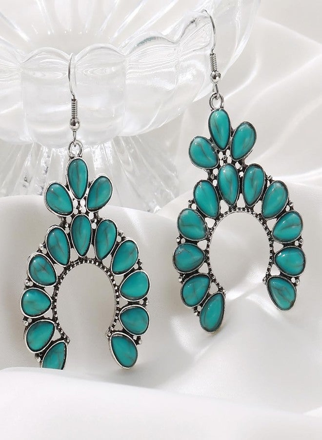 Dtja Turquoise Horseshoe Dangle Earrings for Women Girls Silver-Toned Bohemian U Shaped Blue Birthstone Statement Drop Dangling Fish Hook Studs Earring Lightweight Boho Vintage Birthday Holiday Jewelry - Image 4