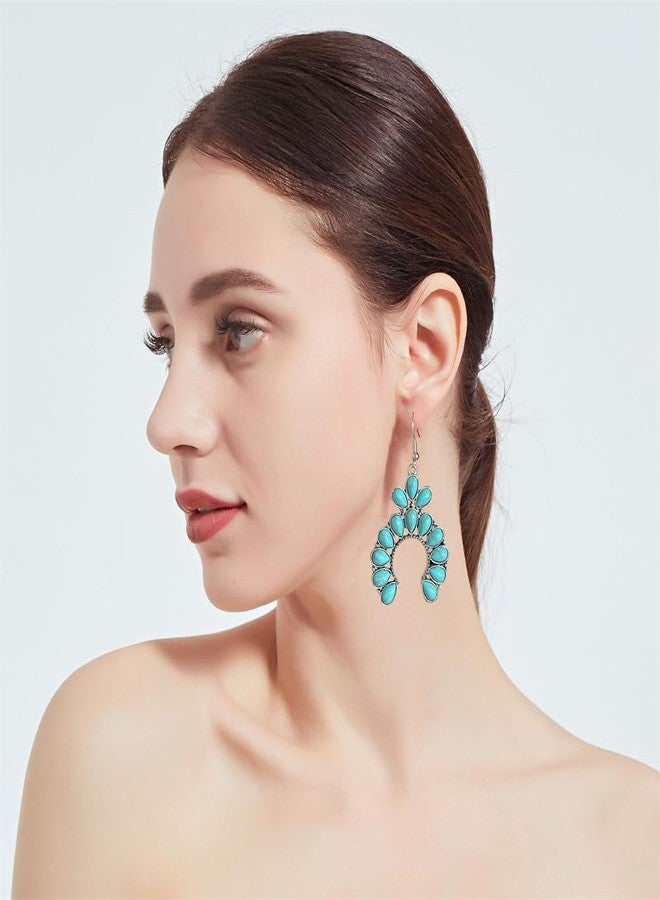 Dtja Turquoise Horseshoe Dangle Earrings for Women Girls Silver-Toned Bohemian U Shaped Blue Birthstone Statement Drop Dangling Fish Hook Studs Earring Lightweight Boho Vintage Birthday Holiday Jewelry - Image 3